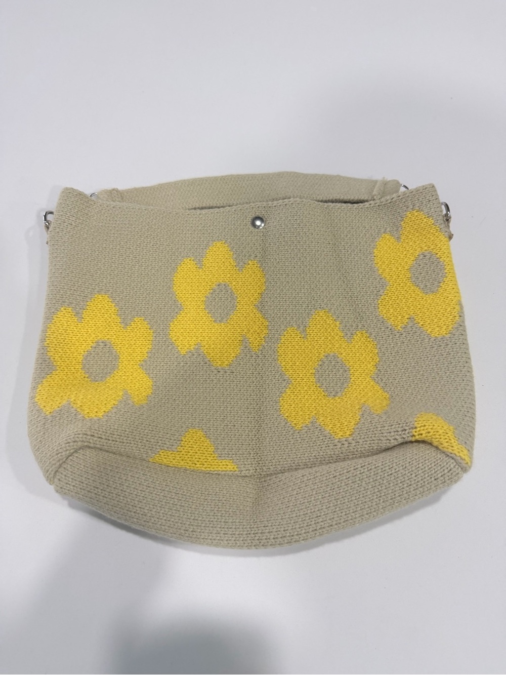 Beige Knit Shoulder Bag with Yellow Floral Accent
